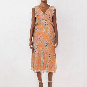 Lauren Conrad Orange Floral Midi Dress Ruffle Open Back Tie Waist Small Boho
